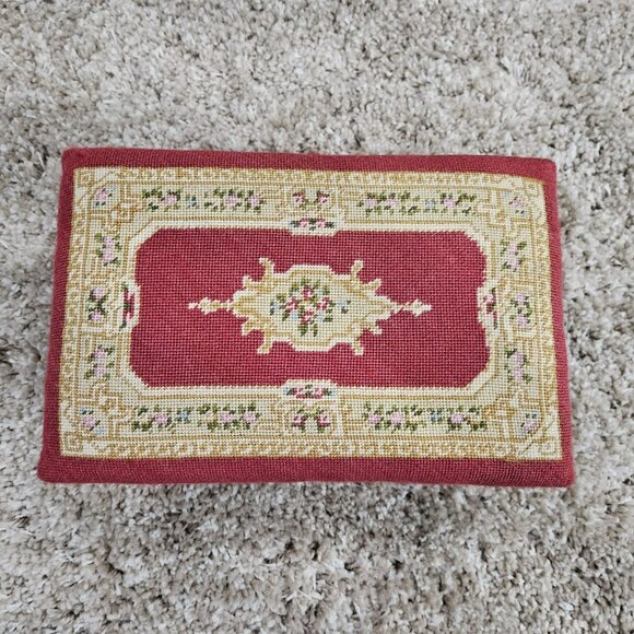 Vintage Solid Wood Footstool Ottoman with Flower Needlepoint Top - Picture 3 of 4